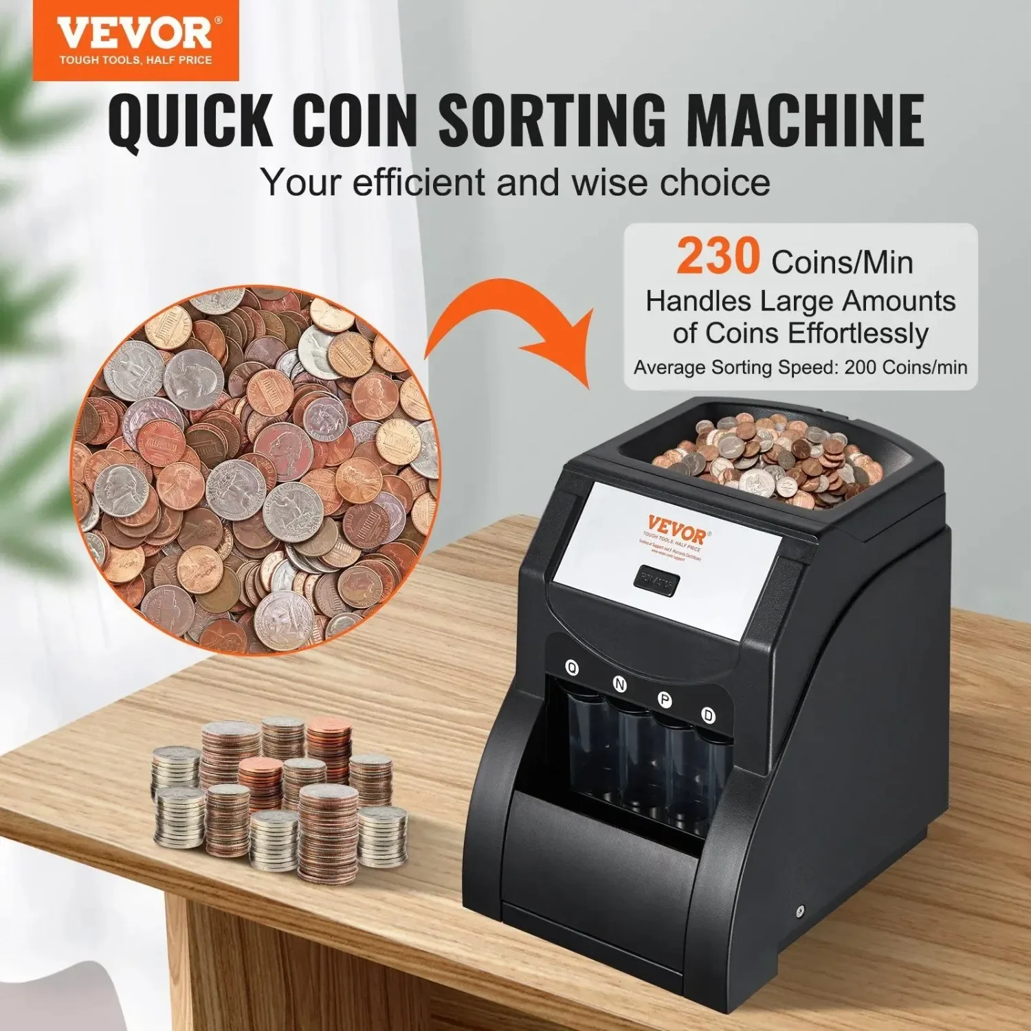 USD Coin Sorter Machine for USD Coin 1¢ 5¢ 10¢ 25¢, Sorts up to 230 Coins/min, Coin Sorter Holds 200 Coins Included 4 Coin Tubes