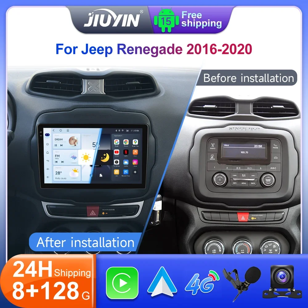 JIUYIN 9“ Android 15 Car Radio For Jeep Renegade 2016-2020 QLED Multimedia Stereo Wireless CarPlay Auto GPS Navigation HeadUnit