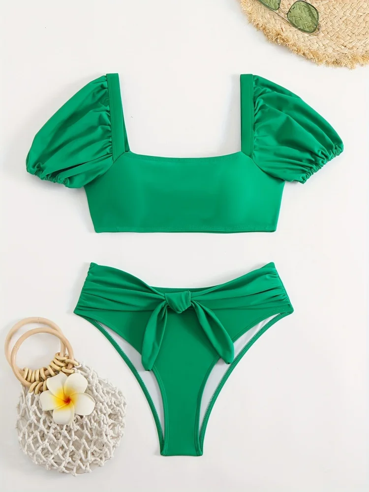 

Женский купальник бикини 2025 Новый однотонный комплект бикини на шнуровке Сексуальный купальник с высокой талией Летний комплект из 2 предметов Пляжный купальный костюм женский