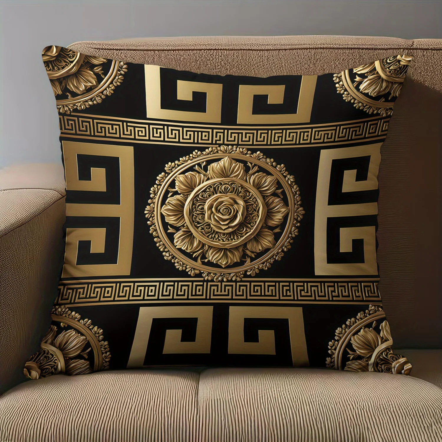 [Fashion Golden Trim Decor] -Pack Rose Pattern Pillowcase | Short Plush Fabric Golden Trim Double-Sided Print 18x18 Inch | Minim