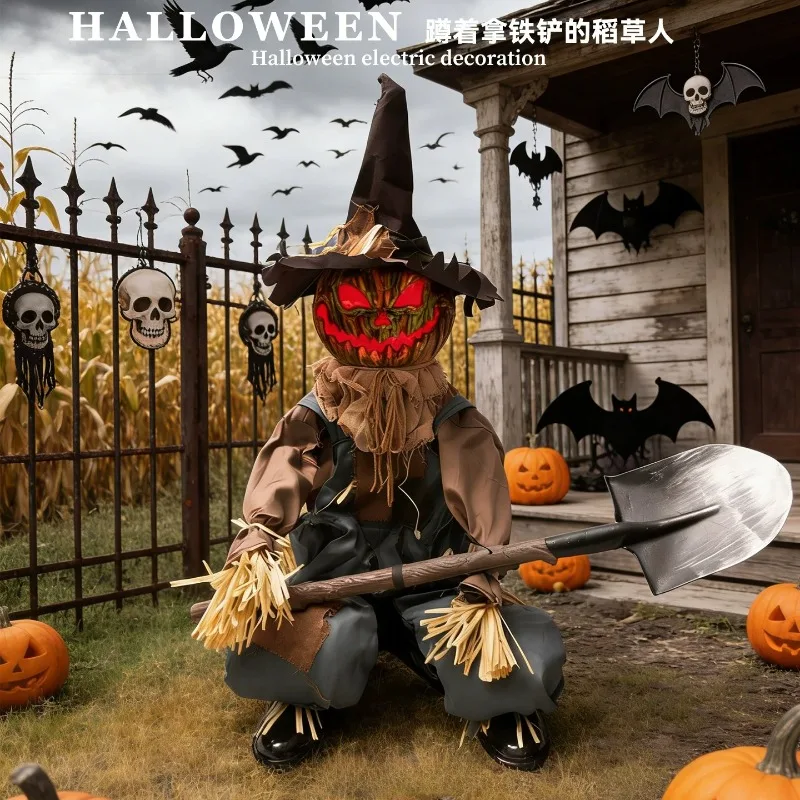 Halloween squatting with spade scarecrow ornament haunted house outdoor courtyard glowing horror electric induction station ghos