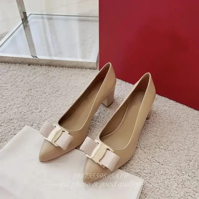JP GP BD spring and summer new leather pointe women's sandals low heel wedge bow shallow mouth simple sandals