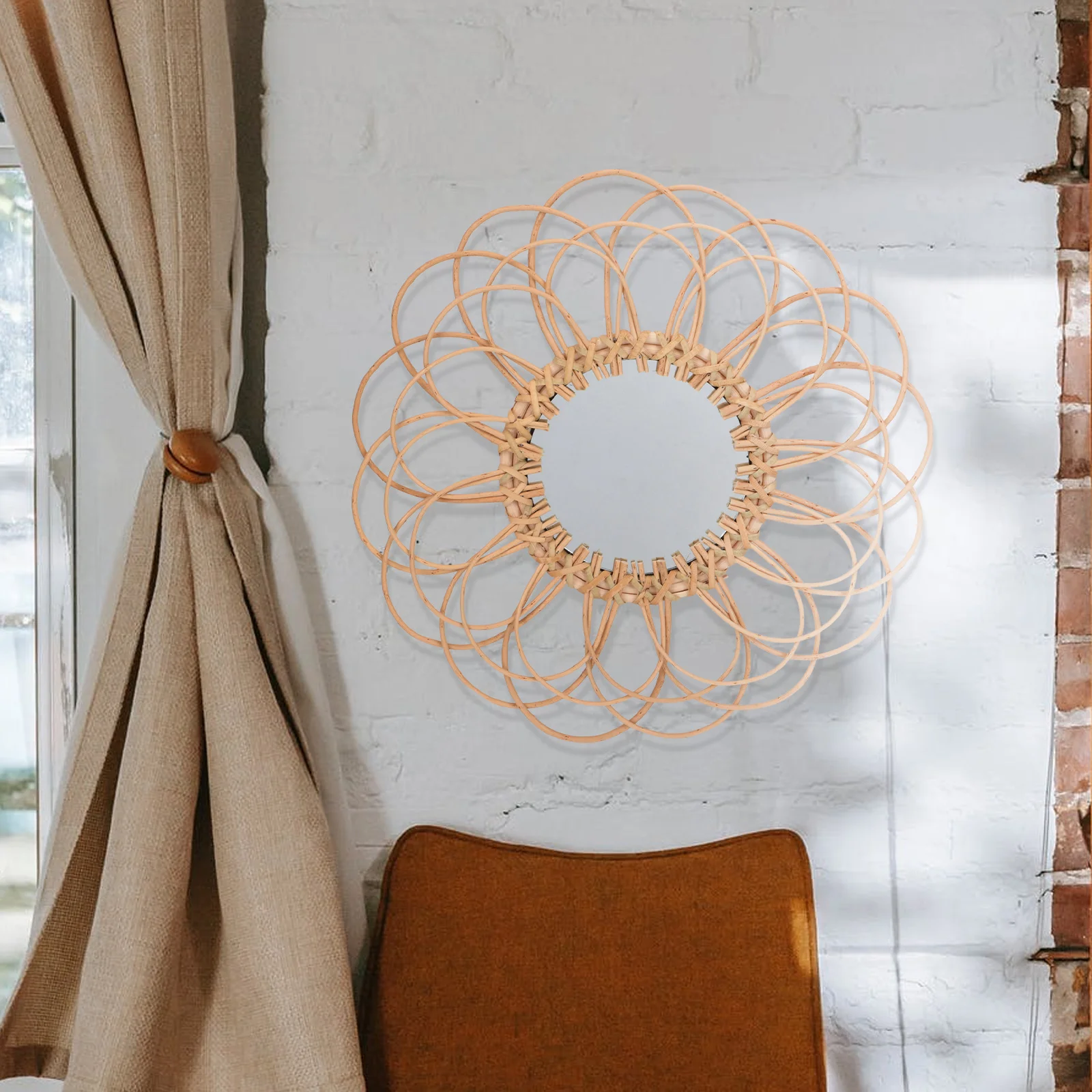 

Retro Round Makeup Mirror Wall Hanging Mirrors for Aesthetic Decor Manual Decorative Unique Rattan