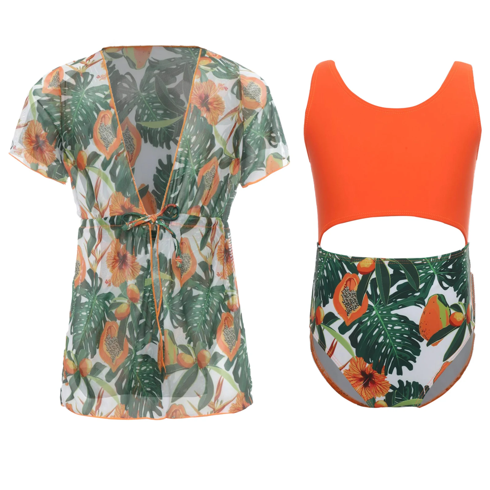 Kids Girls Sleeveless Swimsuit Cover Up Beach Dress Tropics Flower Print Beach Bathing Suit 2Pcs Summer Sun Protection Beachwear