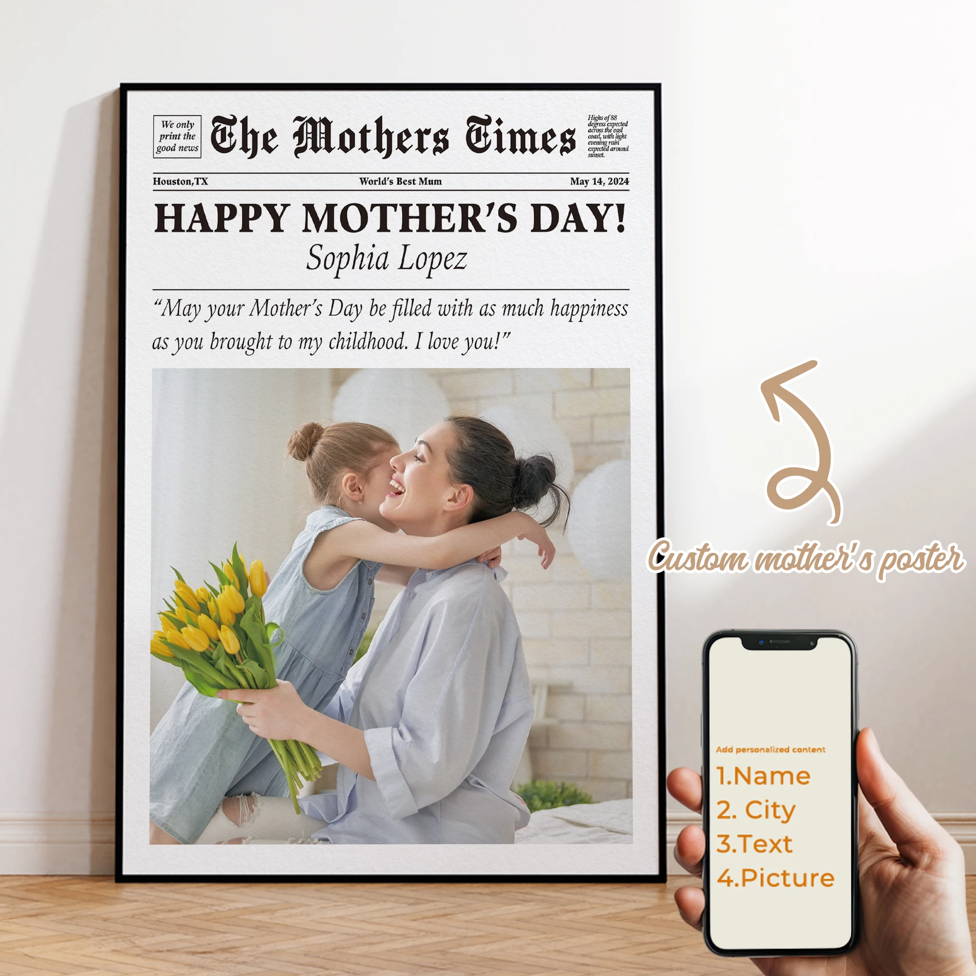 

Custom Personalization Mothers Day Newspaper Wall Art Mother Meaningful Framed Print Picture Living Room Bedroom Home Decor Gift