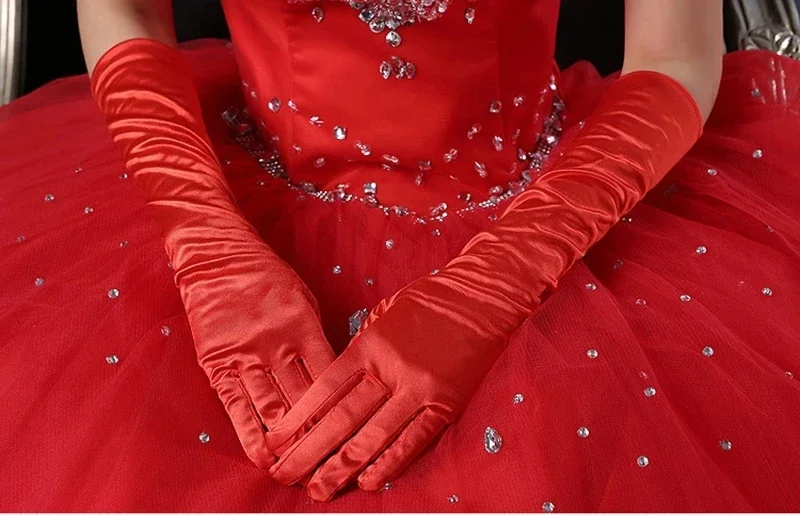 Women Red Black Wedding Gloves Elbow Length Satin 38CM Long Bridal Gloves Woman Cosplay Casual Party Wedding Accessories