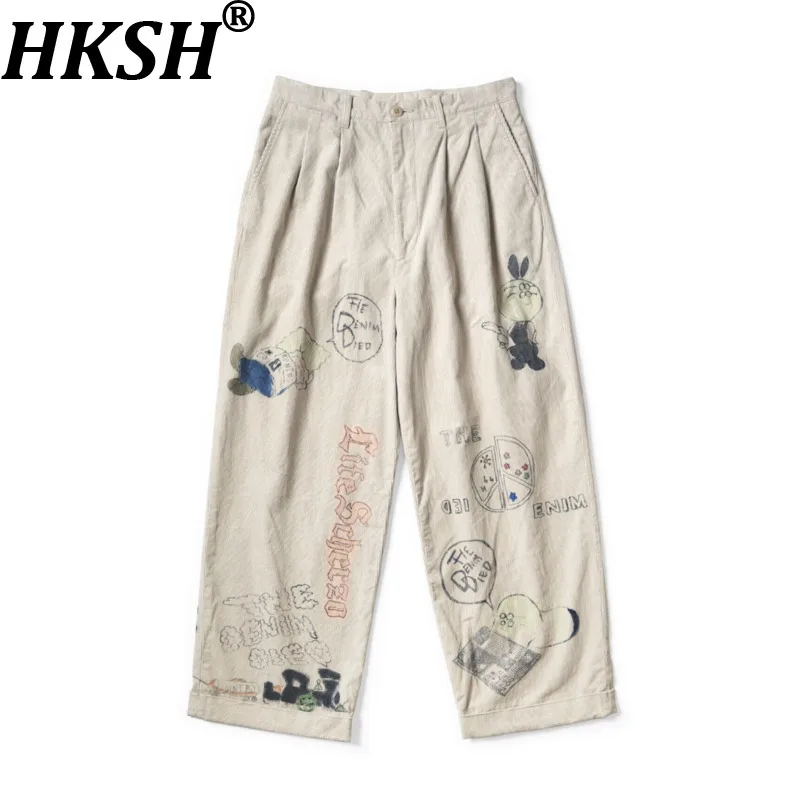 HKSH Spring Summer Autumn New Men Tide Punk Japanese Retro Corduroy Washed Printed Casual Pants Chic Ins Vintage Fashion HK20708