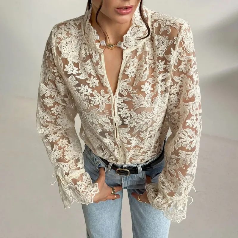 

Tuularose Elegant Women's Lace Shirt Fashion Hollow Lace Patchwork See-through Solid Blouses Casual Summer Loose Blouses Shirt
