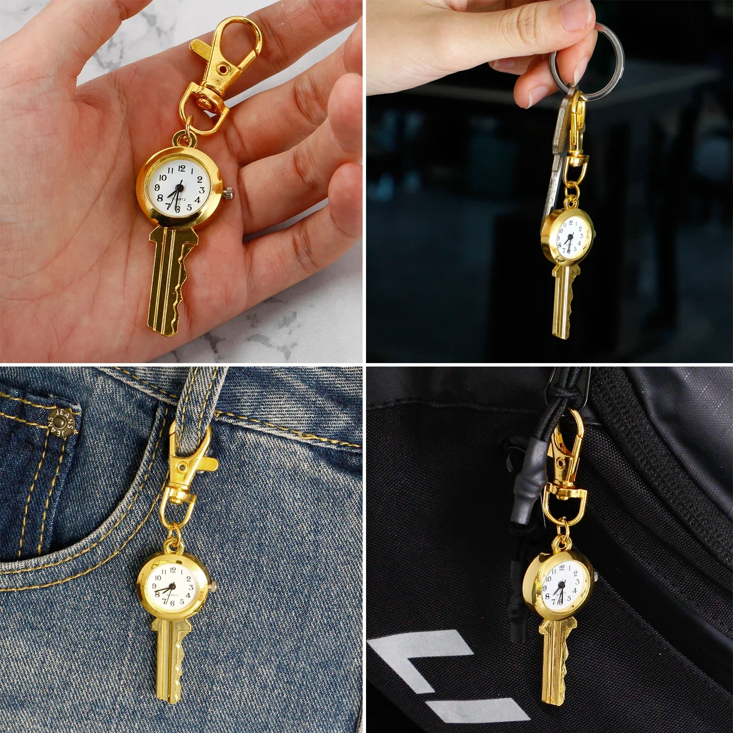 Gold Key Design Pocket Watch Vintage Exquisite Men's and Women's Children's Keychain Quartz Watch