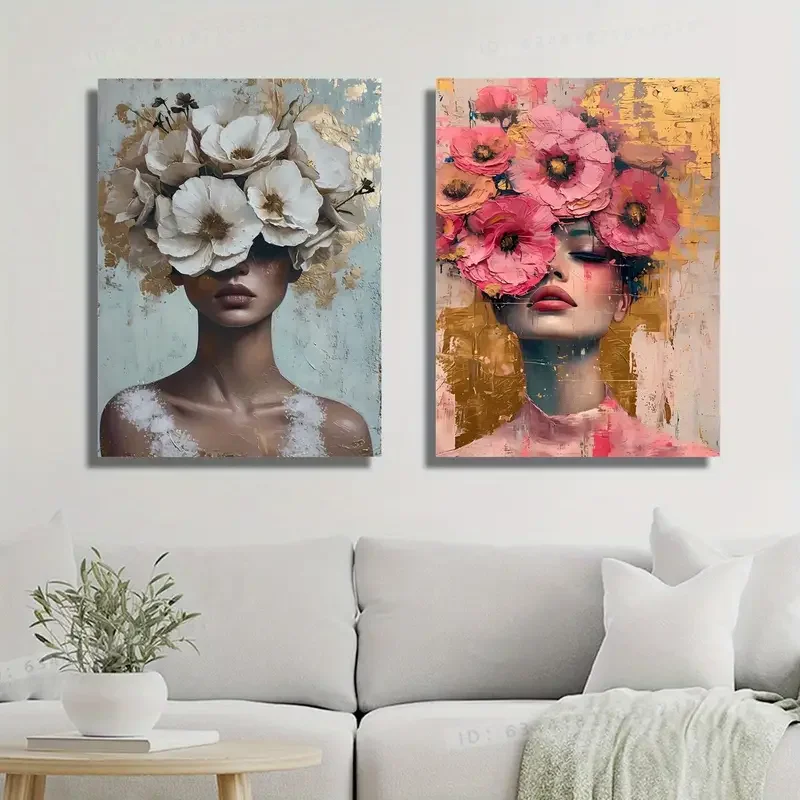 Gold Petals Silhouette Lady Portrait With Glitter Pink Flowers On Her Head, Interior Home Decor Wall Art,No Frame