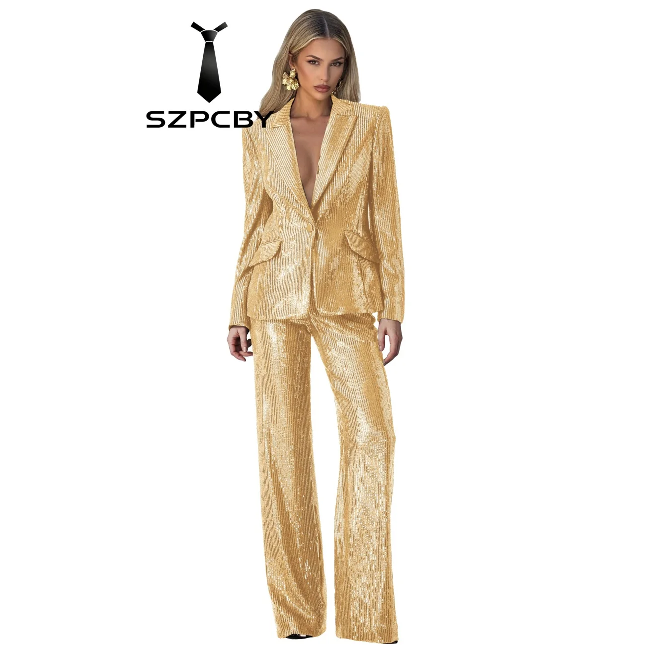 Women's Sequin Suit 2 Peak Lapel Glitter 1 Button Shiny Pants Women's Blazers and Suit Sets  for Night Club