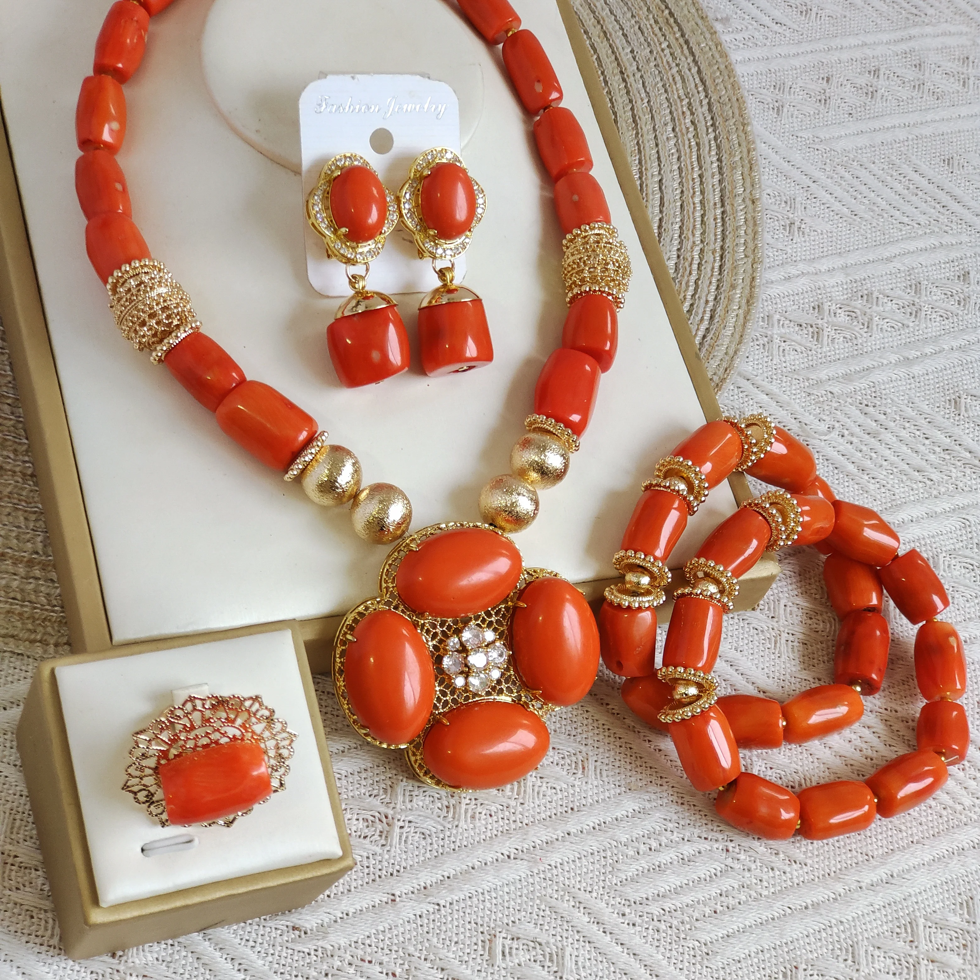 

Aczuv orange natural nigerian coral bead jewelry set wedding