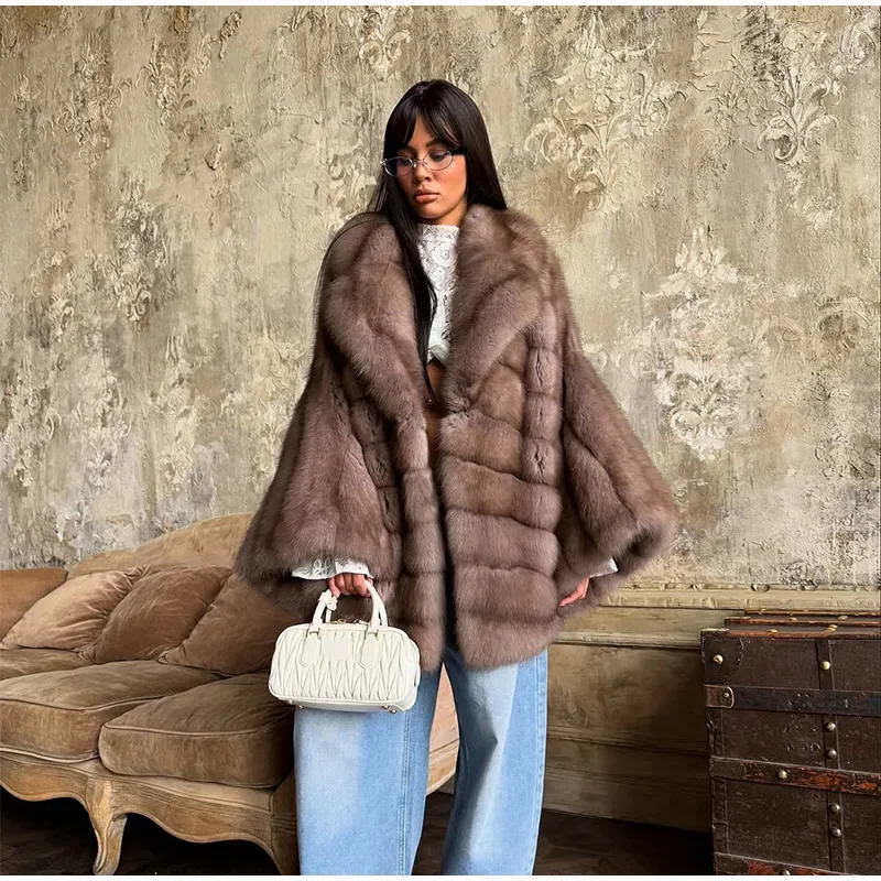 Women Patchwork Faux Fur Coat Elegant Contrast Full Sleeve Lapel Loose Long Staple Plush Jacket Winter High Street Outerwears
