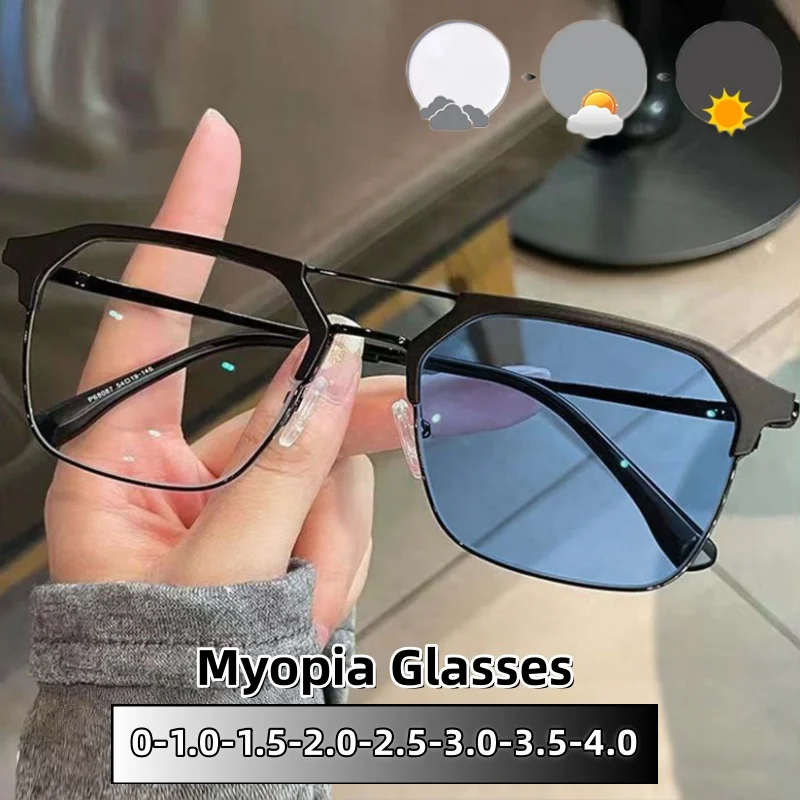 

Half-frame Photochromic Myopia Glasses Anti-blue Light Retro Square Frame Luxury Exquisite Lady and Gentleman Eyewear 0 To -4.0