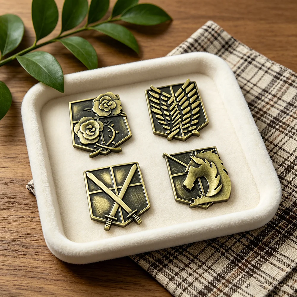 Vintage Bronze Shield Enamel Pin Collection, Anime Military Crest Lapel Brooches, Hard Badges with Wings, Rose, Cross Swords