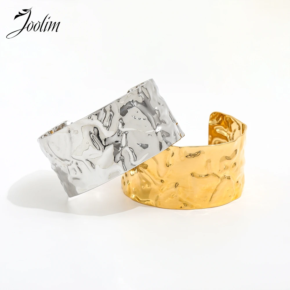 

Joolim Jewelry Wholesale High End PVD Waterproof Fashion Wide Hammer Crater Band Cuff Stainless Steel Bracelet for Women