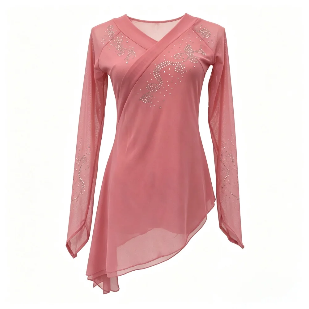 Female Gradient Mesh Dance Shirt Rhinestone Decor Long Sleeve Classical Chinese Dance Practice Wear Irregular Hem Dance Costume