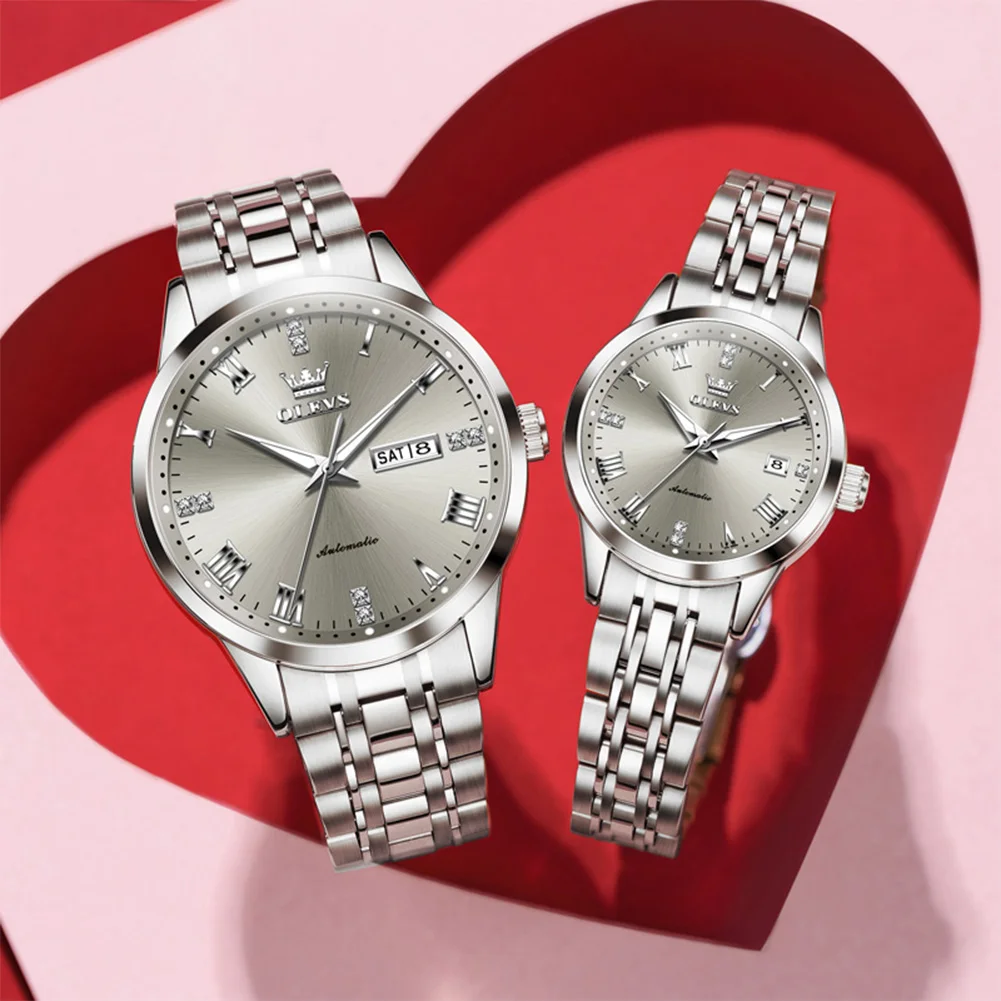 OLEVS 7062 Couple Watches Top Brand Fashion Original Automatic Mechanical Wristwatch Waterproof Luminous Date Roman Dial Reloj