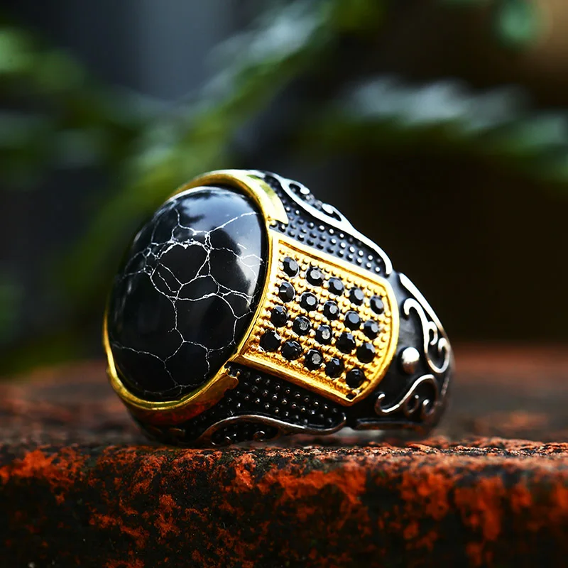 BEIER Stainless Steel Vintage Man Boy Oval part gold color Black stone Ring Fashion Jewelry Mens Accessories BR8-987