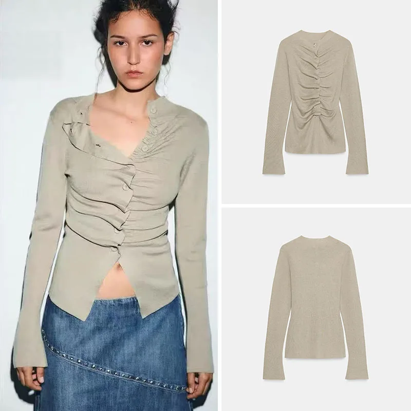 

Faionable Casual round Ne Long Sve Pleated Knitted Jaet New Arrival Winter Women's Wear Slim Fit Open Cardigan Sle