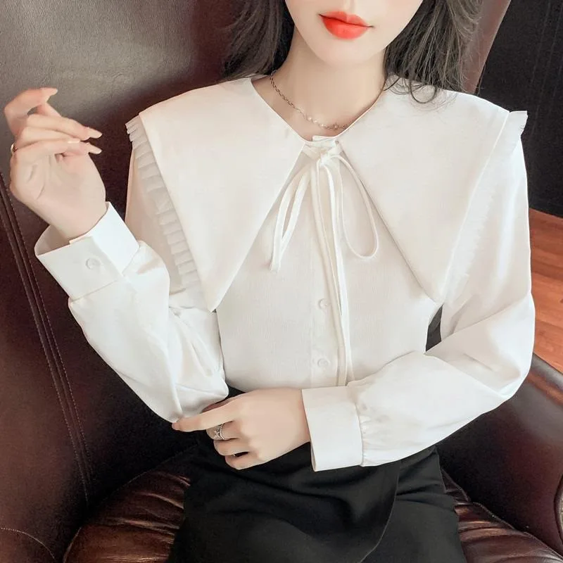 

Sweet Doll Neck Shirt for Women, Long Sleeved Chiffon Top, Loose Ruffled Edges, Thin Sweater Lining, New Design, Spring