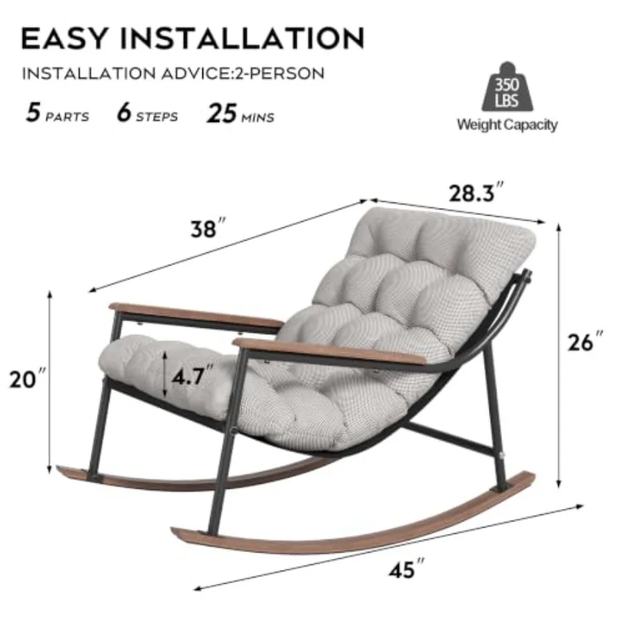 Papasan Rocking Chair with Armrest Outdoor Indoor, Heavy Duty Metal Outdoor Rocking Chair with Cushion, All-Weather Patio Loung