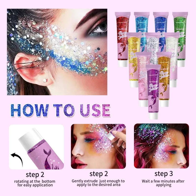 10 Color Sparkling Sequins Glitter Gel Stick Mermaid Sequin Body Glitter Gel Cosmetic Hair Glitter Festival Makeup