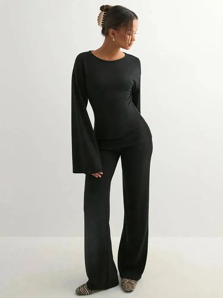 

Autumn Women Solid Piece Set O Neck Flare Long Sleeve T Shirts Tops Loose Straight Pants Casual Streetwear Suits