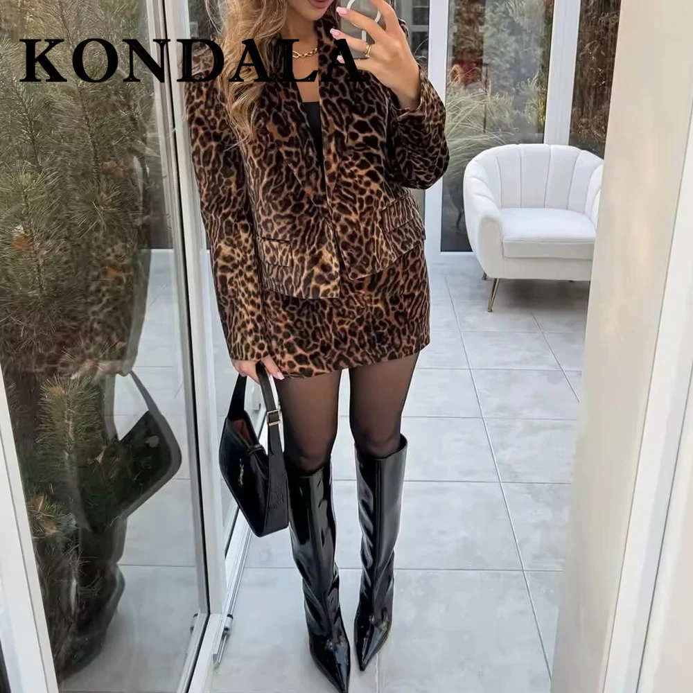KONDALA Leopard 2025 Autumn Animal Print Vintage Women Velvet Suits Single Breasted Blazer+ Mini Sheath Skirt Fashion Sexy Suits
