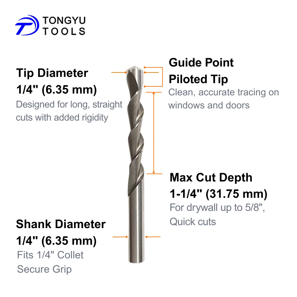 1/4in Drywall Plasterboard Cut-Out Zip Bit Guide Point HSS Downcut Spiral Bit for Rotary Cut-Out Tools Window Door Opening