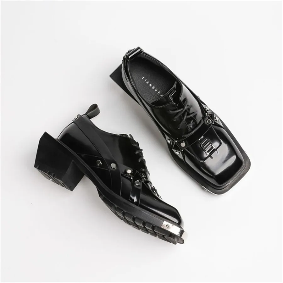 2024 New Punk Style Women Pumps Square Toe Leather Derby Lovers Shoes Men Luxury Lace-up Chunky High Heel Dress Zapatos