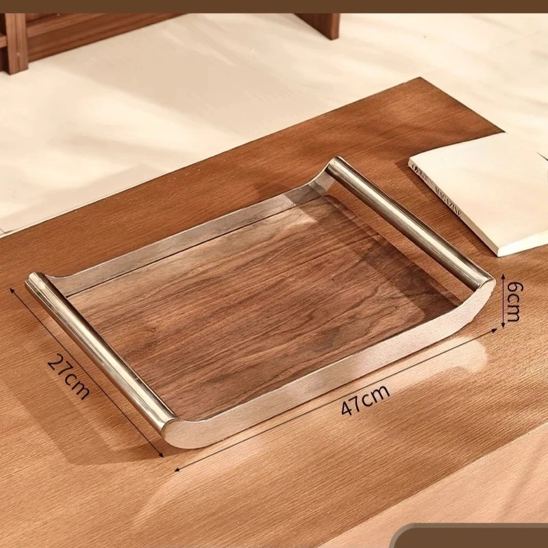 Walnut Wood Tray, Stainless Steel Rectangular Aromatherapy Display Board, Desktop Decoration, Home Storage Tea Tray, Pastry Tray