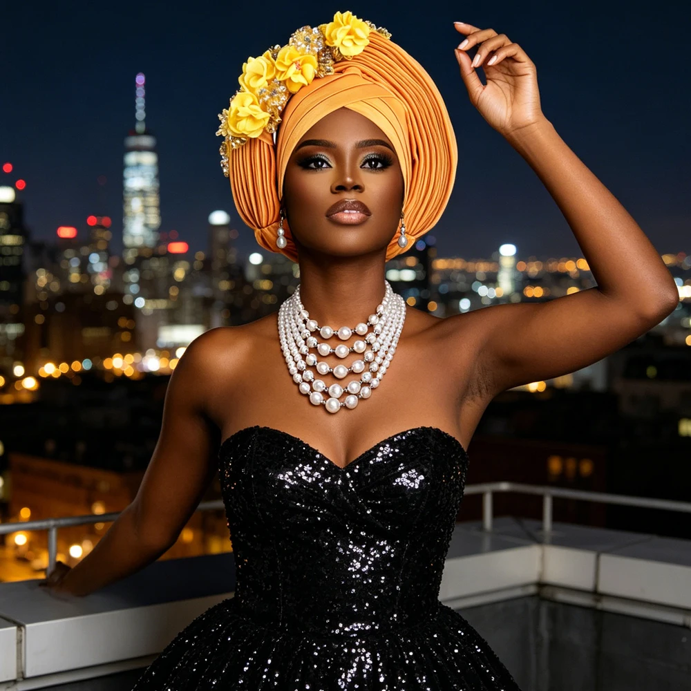 

New African Headtie Turban Nigeria Head Ties Flower Cap Already Made Auto Gele Women Head Wrap for Wedding Party Headpiece Hijab
