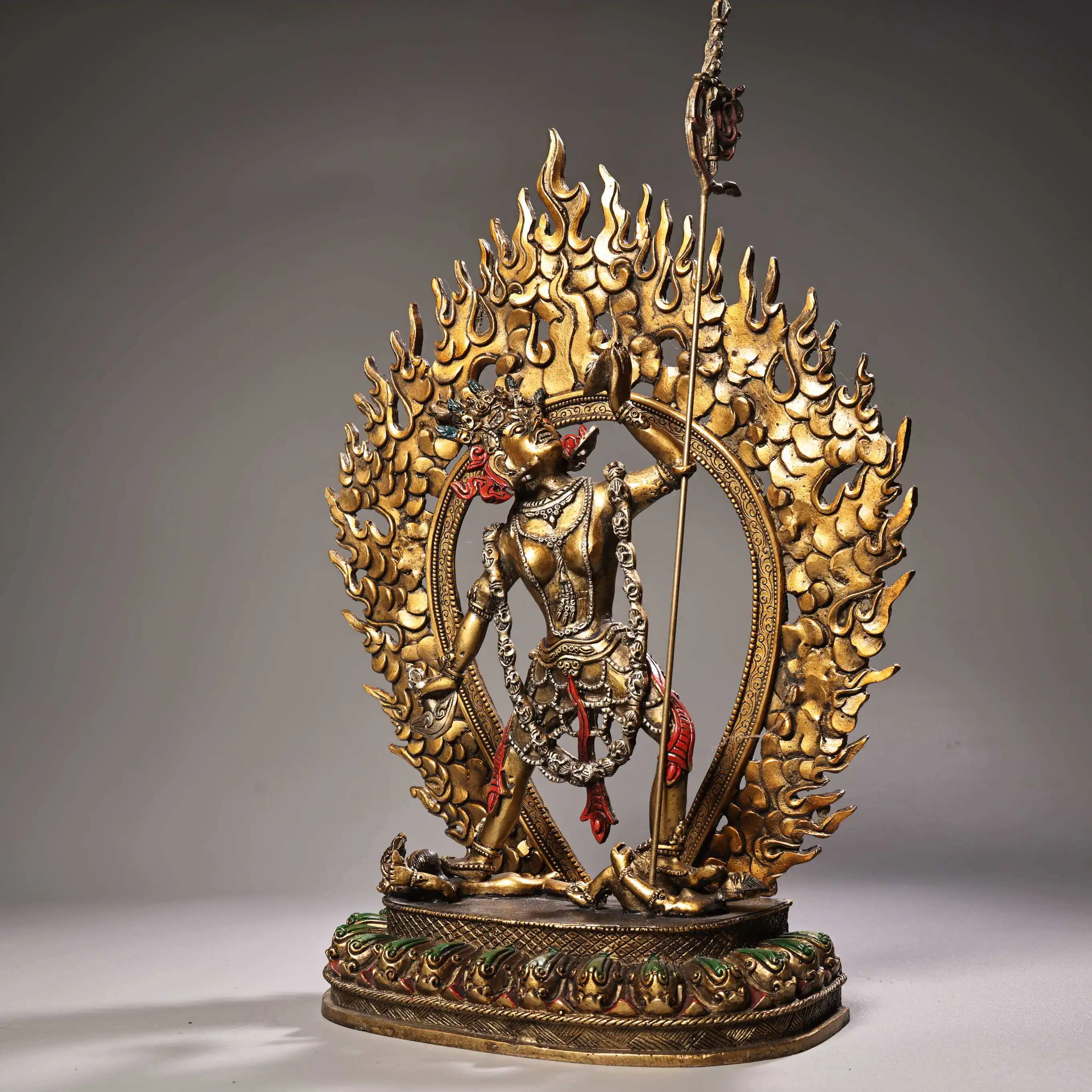 Old Copper Painted Gold Highlight Tibetan Dakini Buddha Statue Heavy Patina Fine Craftsmanship Serene Face