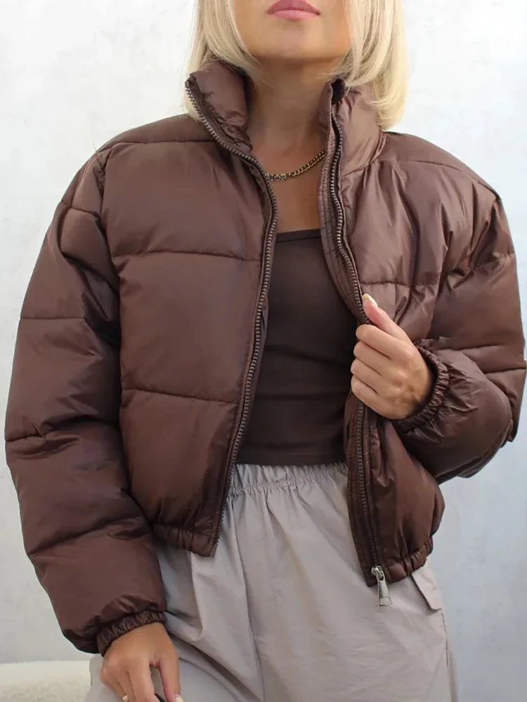 Vintage Women Brown Warm Puffer Jackets 2023 Winter Fashion Ladies Elegant Short Parka Casual Female Chic Green Outerwear