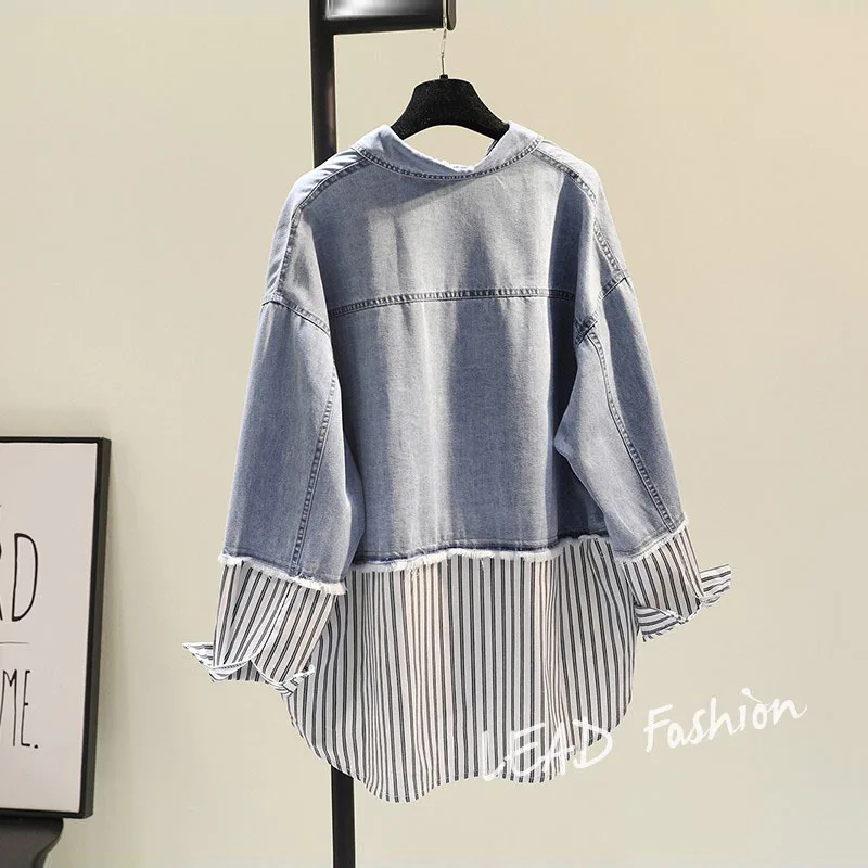 ZURICHOUSE Casual Blouses Women Long Sleeve Loose Fit Spring Summer Fashion Fake Two Pieces Patchwork Denim Striped Shirt Female