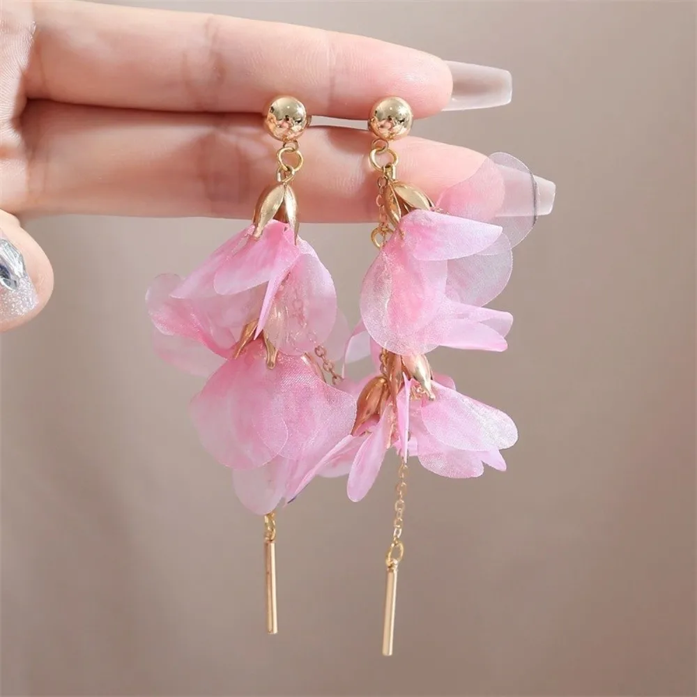 Gift Sweet Flower Earrings Tassel Blue Long Tassel Earrings Organza Korean Style Yarn Mesh Earrings Holiday