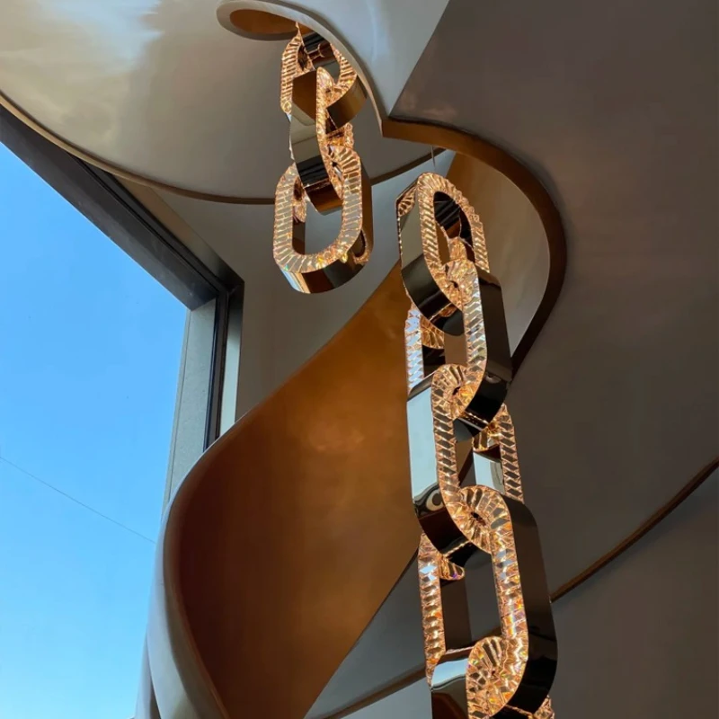 Stair chandelier, modern atmospheric villa, hollow high loft, rotating crystal duplex, long chandelier