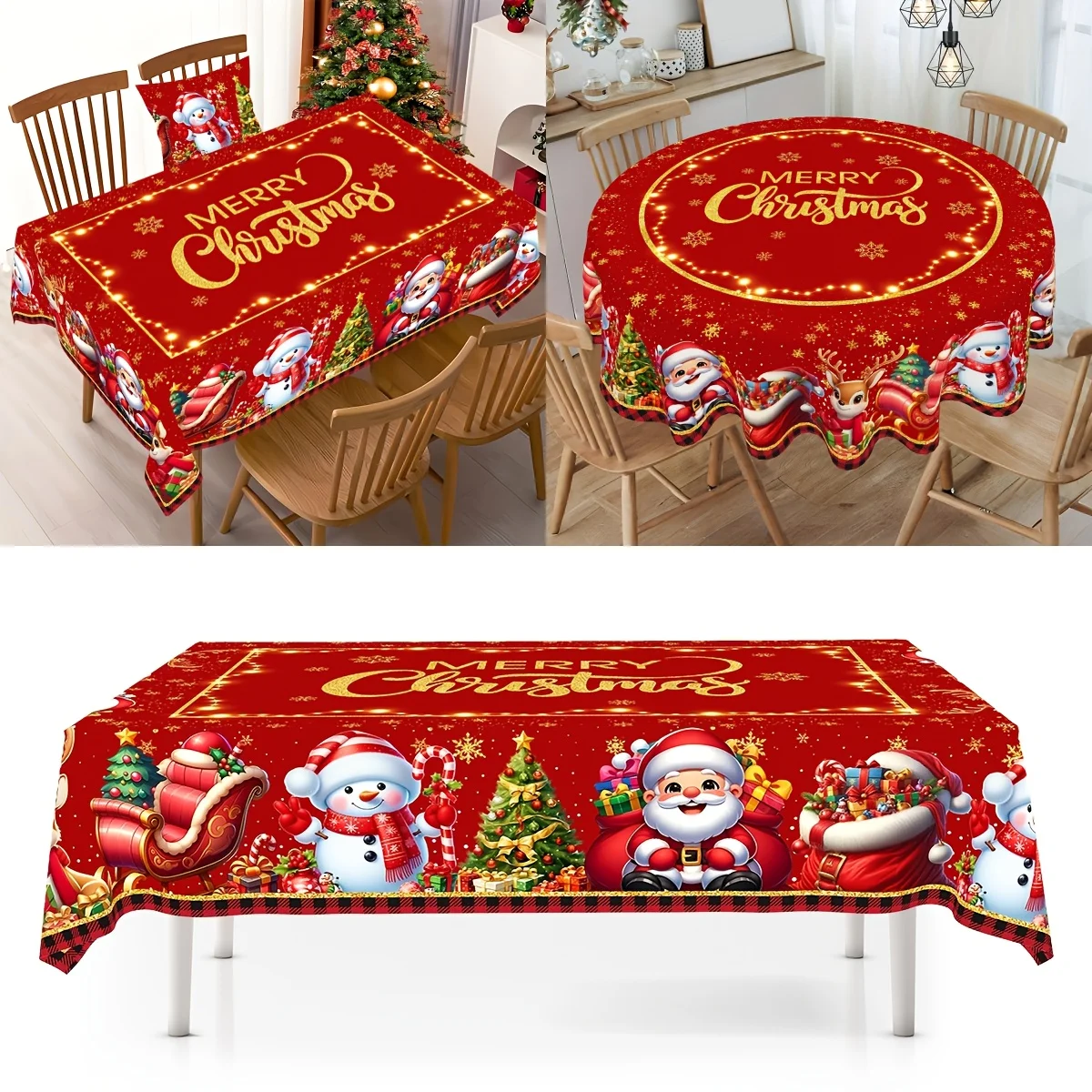 1-Pack, holiday-themed tablecloth with Santa, snowman, and reindeer designs for round tables