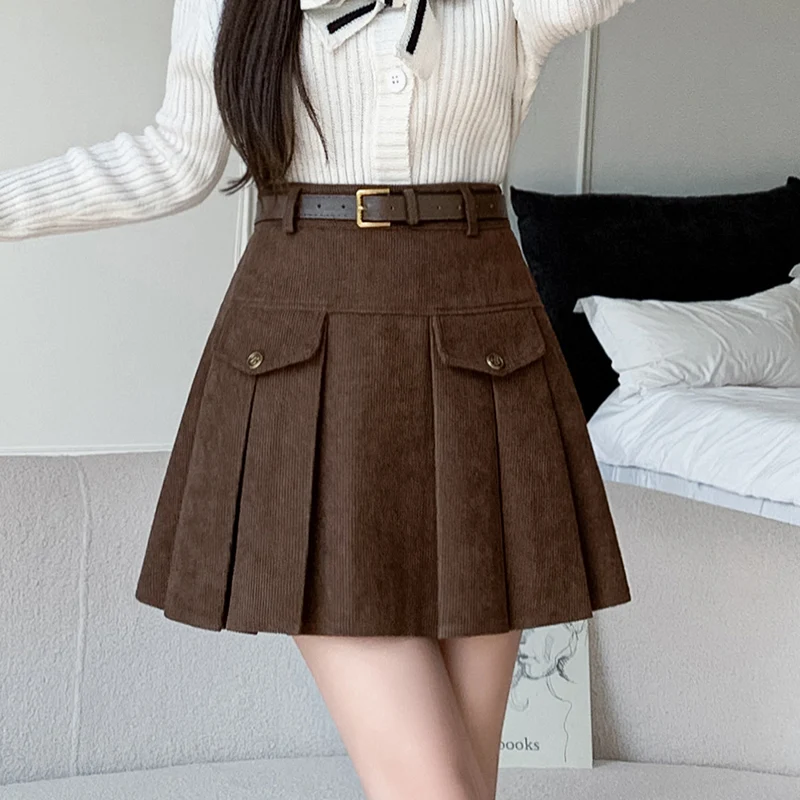 Autumn Winter Thicken Corduroy Women Pleated Skirt With Belt 2024 High Waist Casual Vintage Cargo Short Skirts Girls