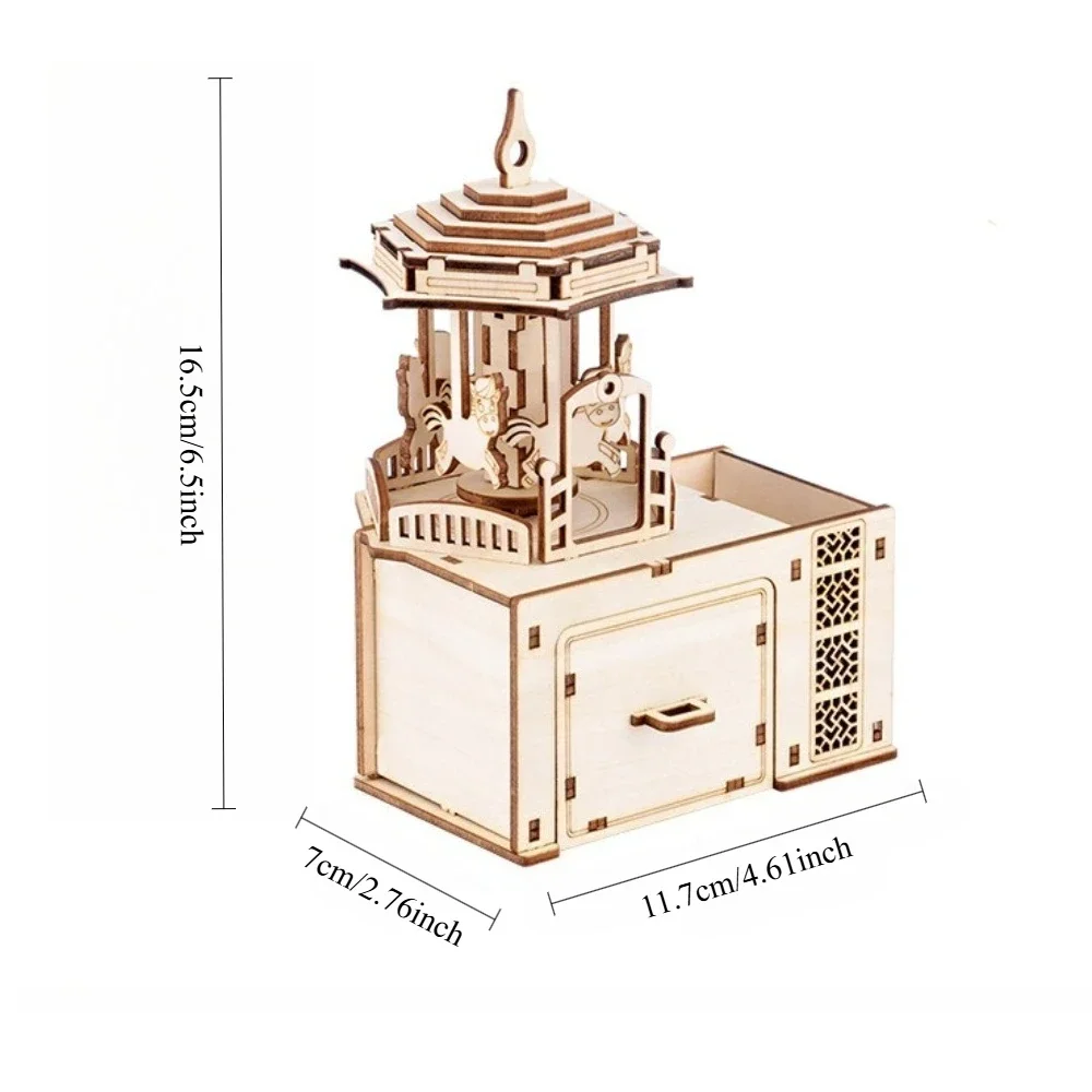 Carrossel de madeira caixa de música windup música + caneta titular crianças diy artesanato haste presente para 6 + anos de idade