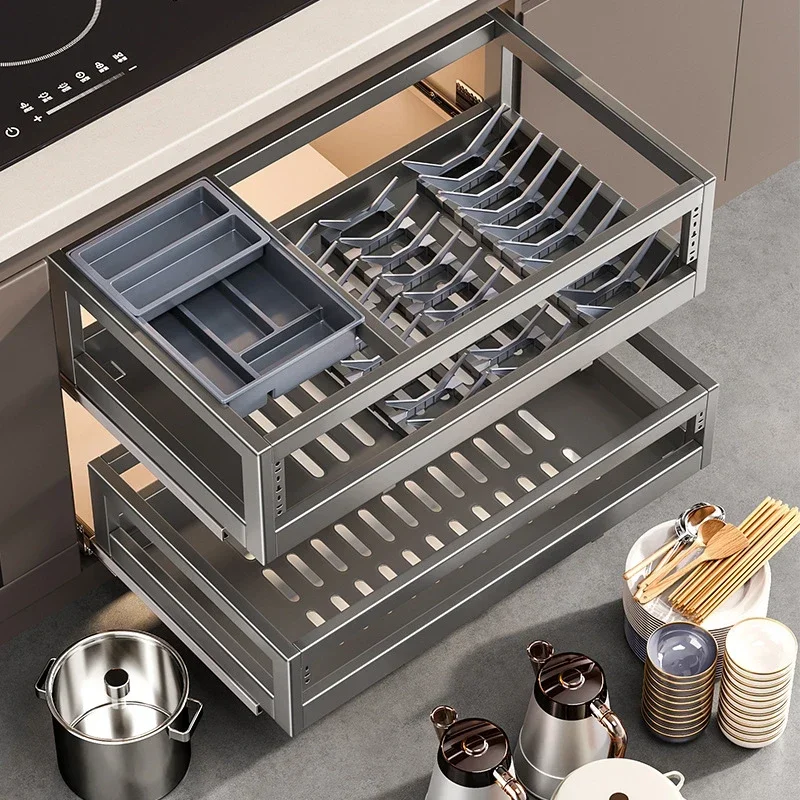 Pulling basket kitchen cabinet, light luxury stainless steel double-layer drawer style bowl rack for storing seasoning