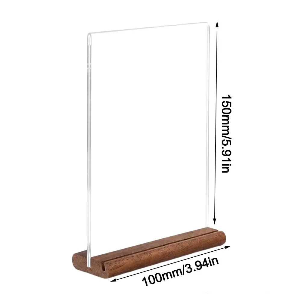 Transparent Acrylic Table Sign Card Holder Vertical Standing Desktop Standing Acrylic Sign Holder Solid Wood Base