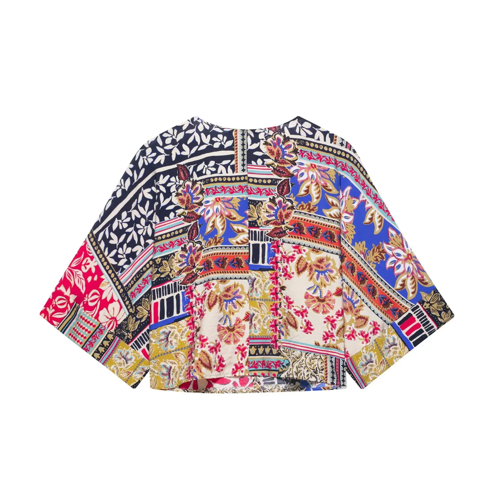 Zevity Women Fashion V Cloth Patchwork Print Short Kimono Blouse Female Batwing Sleeve Shirt Chic Chemise Blusas Tops LS9008