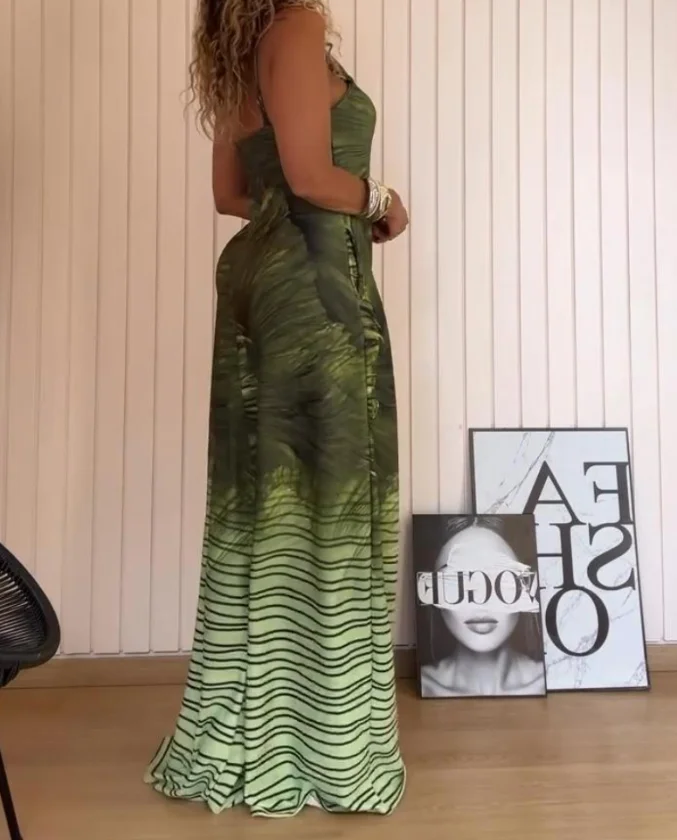 Jumpsuits for Summer Women New Female Casual One Piece Pants Fashion Floral Print U-Neck Sleeveless Zipper Jumpsuit with Pocket