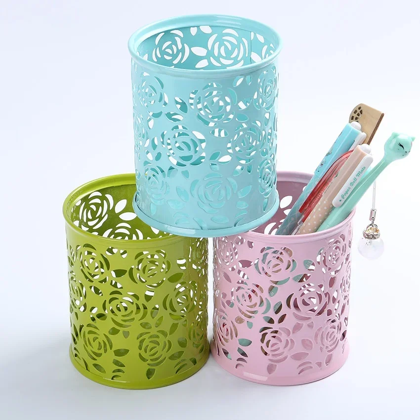 1 PC Metal Hollow Rose Flower Design Cylinder Pen cil Pot Holder Storage  Case Office Stationary Supplies