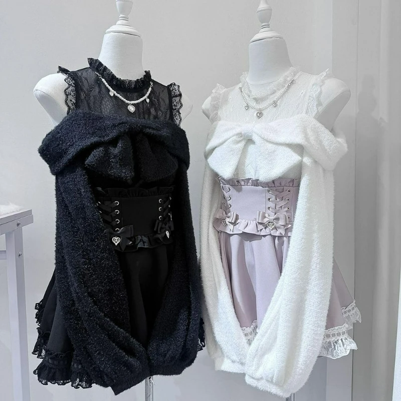 

Japanese Gothic Y2k Lolita Skirt Set Women Sweet Lace Patchwork Off Shoulder Tops Bow High Waist Skirts Grunge Theme Party Suits