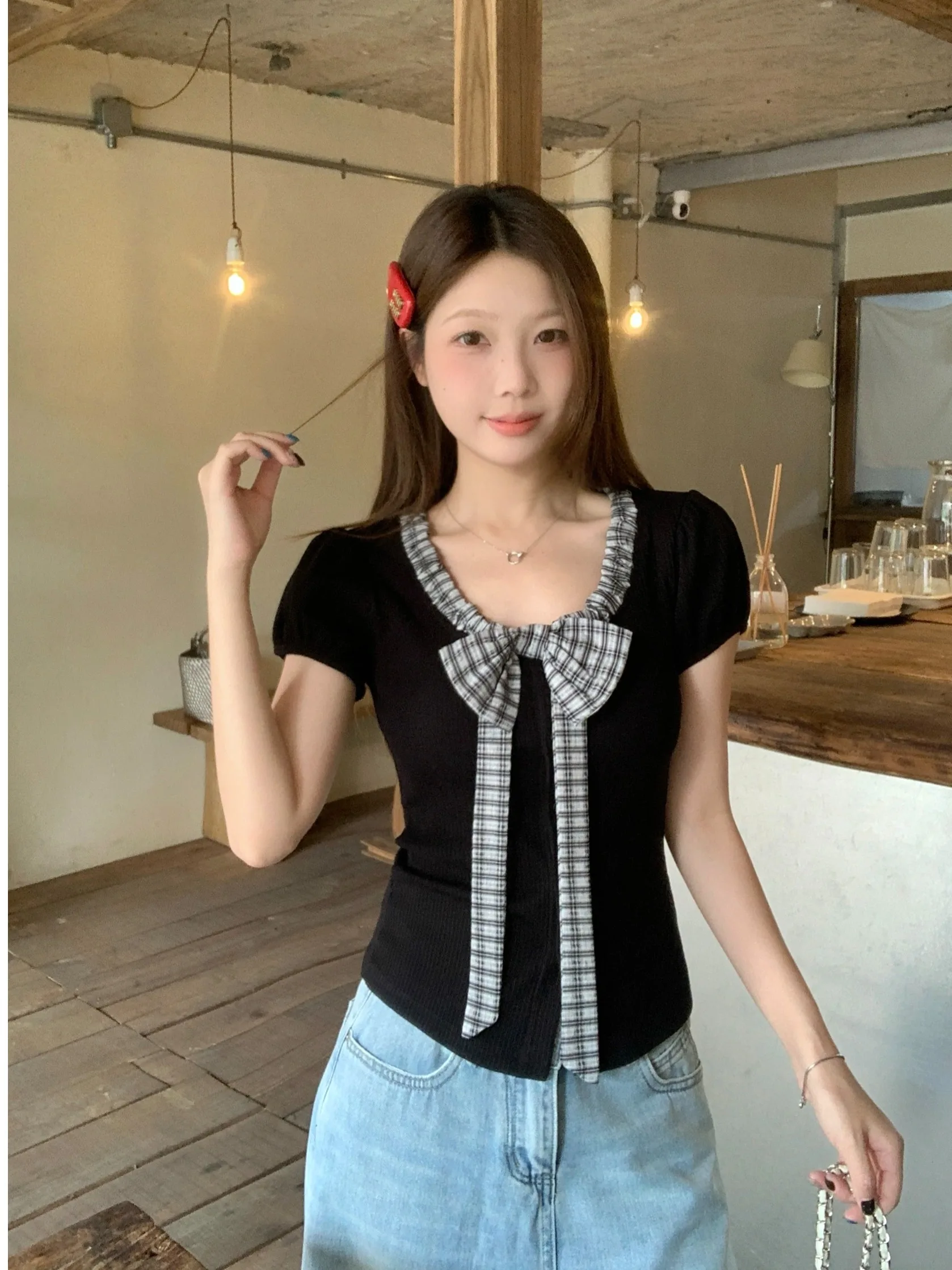 

Chic plus Size Women's T-Shirt Summer New Style High Waist Short Sleeve Knot College Style Slim Fit Trendy Top