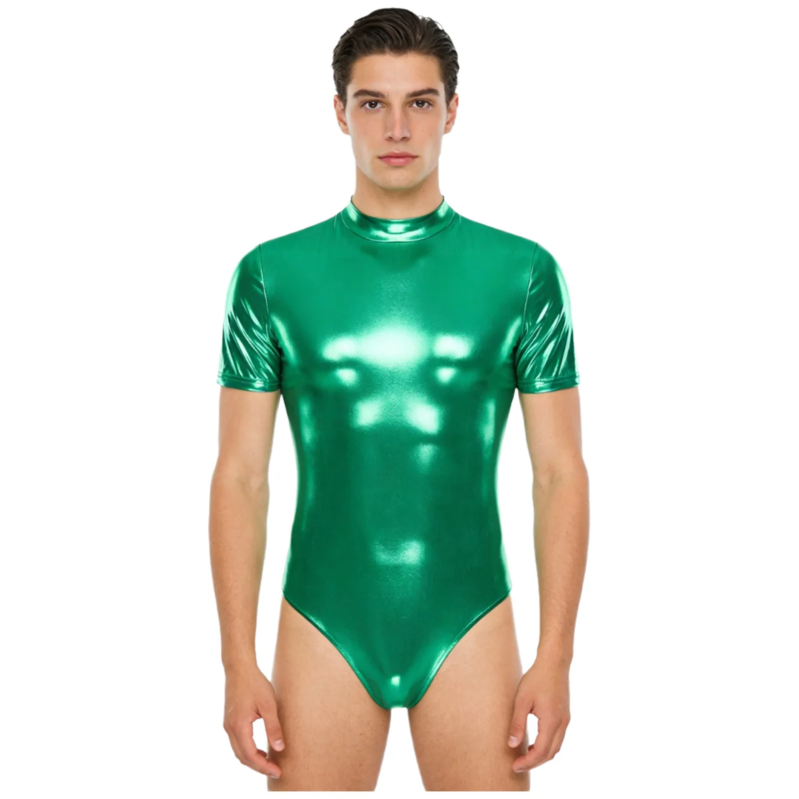 

Men Fashion High Cut Pole Dancing Bodysuit Short Sleeve Mock Neck Bodycon Leotard for Nightclub Jazz Dance Raves Party Outfits