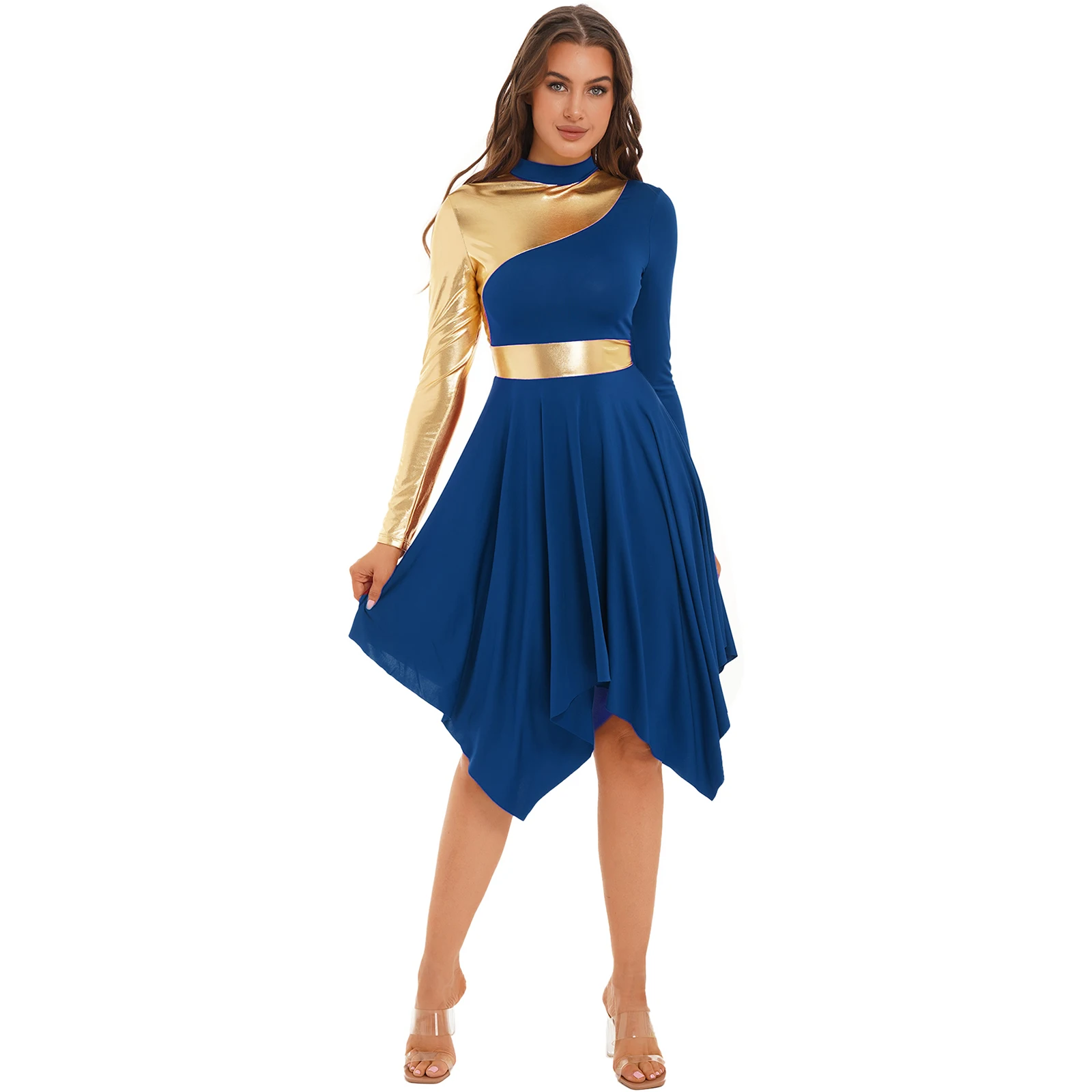 

Women Metallic Color Block Praise Dance Dress Long Sleeve Irregular Hem Lyrical Dancing Dress Liturgical Worship Church Costume